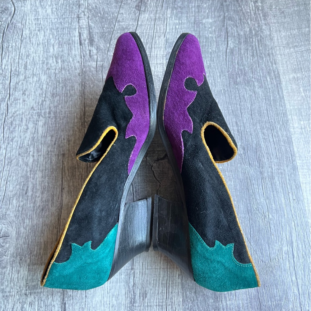 Vintage 90s Colorblock Suede Heels Purple Green Western Chunky Heel Size 7.5